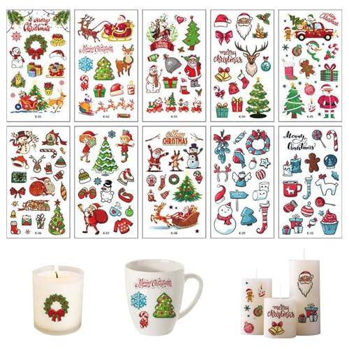 Ellxen 10 Stück Kerzentattoos Weihnachten Deko,Kerzentattoos,Bunt Weihnachten Tattoofolie Sticker,Wasserschiebefolie Kerzen,Für DIY Tasse Kerze Weihnachten Geschenk für Kerzen/Keramik von Ellxen