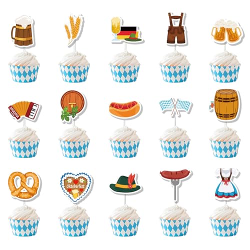 Ellxen 30 Stück Oktoberfest Cupcake Topper, Deutsche Bierfest Dessert Dekoration,Oktoberfest Tortendeko Oktoberfest Deko,Bayerische Party Accessoire, Ideal für Bierfest und Partys von Ellxen