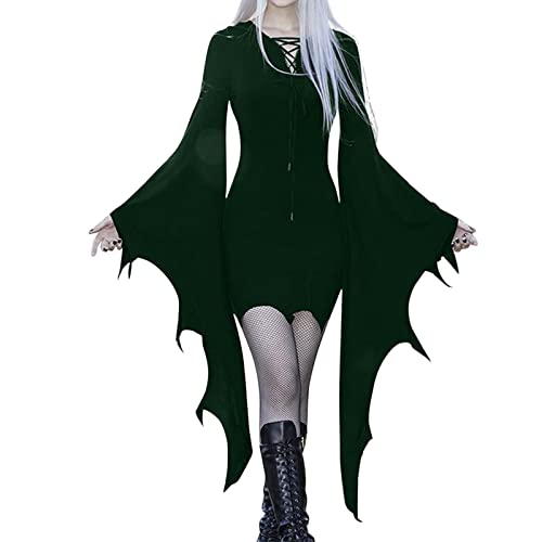 Elogoog Halloween-Kostüme für Mädchen, Schulterfrei, Schmetterlingsärmel, Netzstoff, Spitze, Herbstkleid, sexy, Grün (Army Green), XL von Elogoog