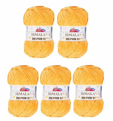 5 x Himalaya Dolphin Baby Wolle Garn Baumwolle Strickwolle zum Stricken häkeln super Bulky Chenille Garn Wolle Strickgarn 100g 120m Polyester Elomnia (5x-A1-80368 Sonnengelb) von Elomnia