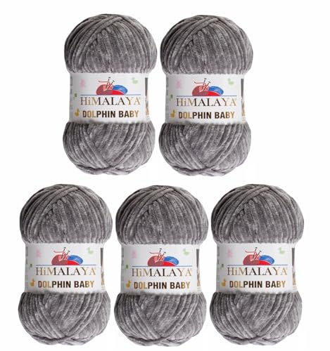 5 x Himalaya Dolphin Baby Wolle Garn Baumwolle Strickwolle zum Stricken häkeln super Bulky Chenille Garn Wolle Strickgarn 100g 120m Polyester Elomnia (5x-A1-80369 Hellanthrazit) von Elomnia