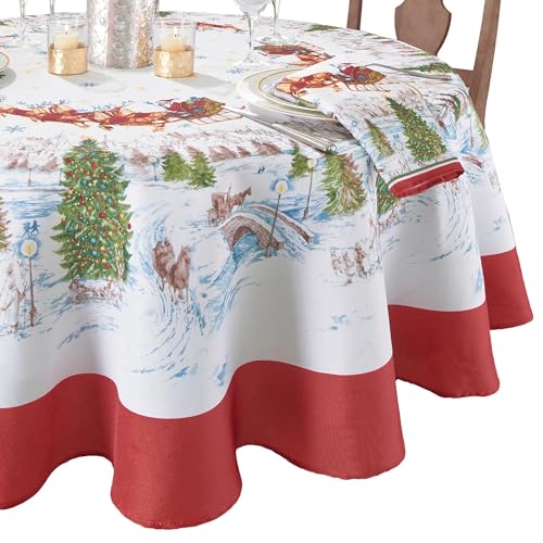 Elrene Home Fashions Weihnachtsmann-Tischdecke, Schneeschlitten, knitterfrei, 178 cm, rund von Elrene