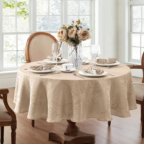 Elrene Caiden Elegance Damast-Tischdecke, Polyester, Taupe, 70" Round von Elrene