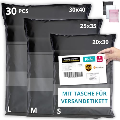 EMBALLAX - 30 Versandtaschen MIT TASCHE FÜR VERSANDETIKETT - 3 Größen S/M/L - WIDERSTANDSFÄHIG/WASSERDICHT - Versandtüten für Kleidung - Warensendung Umschlag für Kartons - Versandbeutel - Danke von EmballaX