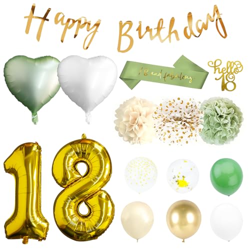 18. Geburtstag Party Dekorationen Grün Gold Luftballons Happy Birthday Banner Geburtstag Ballons Kit Cake Topper für Frauen Mann Mädchen und Jungen Bithday Dekorationen (A) von Embhlitfe