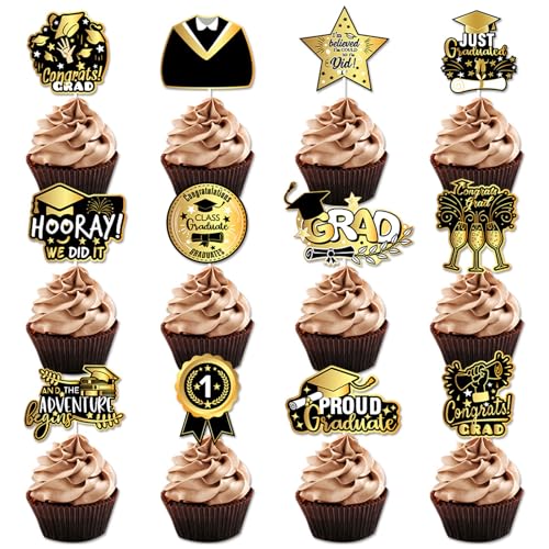 24 Pcs Graduation Cupcake Toppers,Abschluss Cupcake Toppers Gold und Black Cupcake Toppers Abschlusskuchen Topper,Abschluss Cupcake Dekorationen für 2024 Graduation Abschlussparty Dekoration von Embhlitfe