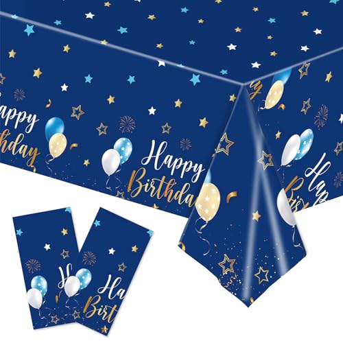 2PCS Blau Happy Birthday Tischtuch Geburtstag Dekorationen Tischdecke Ballons Star Tischdecken Geburtstag Party Einweg-Tischdecke für Jungen Mädchen Frauen Männer Geburtstag Dekorationen von Embhlitfe