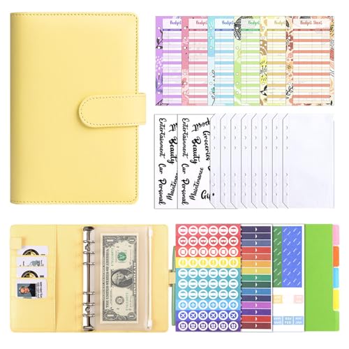 A6 Budget Binder Notizbuchr,A6 Budget Planner Notizbuch PU Leder Ringbuch Set,6-in-1 A6 Geldspar Geldbörsen Set,Loseblatt Notizbuch zum Budgetieren und Geldsparen Finanzplaner (Gelb) von Embhlitfe