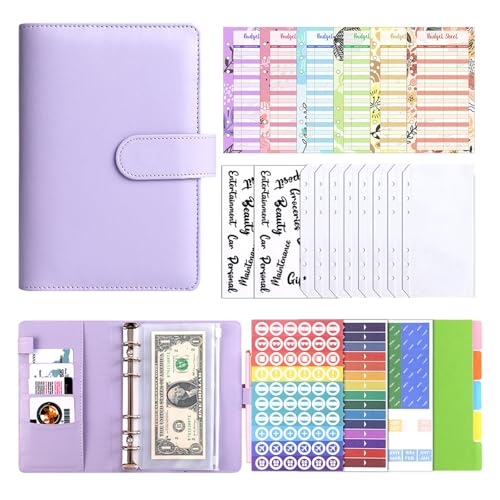 A6 Budget Binder Notizbuchr,A6 Budget Planner Notizbuch PU Leder Ringbuch Set,6-in-1 A6 Geldspar Geldbörsen Set,Loseblatt Notizbuch zum Budgetieren und Geldsparen Finanzplaner (Lila) von Embhlitfe