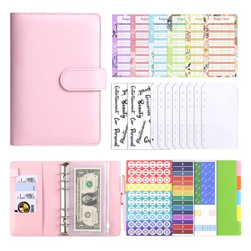 A6 Budget Binder Notizbuchr,A6 Budget Planner Notizbuch PU Leder Ringbuch Set,6-in-1 A6 Geldspar Geldbörsen Set,Loseblatt Notizbuch zum Budgetieren und Geldsparen Finanzplaner (Rosa) von Embhlitfe