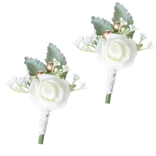 Embhlitfe 2 Pcs Hochzeit Rose Boutonniere Künstliche Blume Herren Boutonniere Künstliche Corsage für Hochzeit Männer Groomsmen Hochzeit Zeremonie Jahrestag Anzug Dekorationen (Weiß) von Embhlitfe