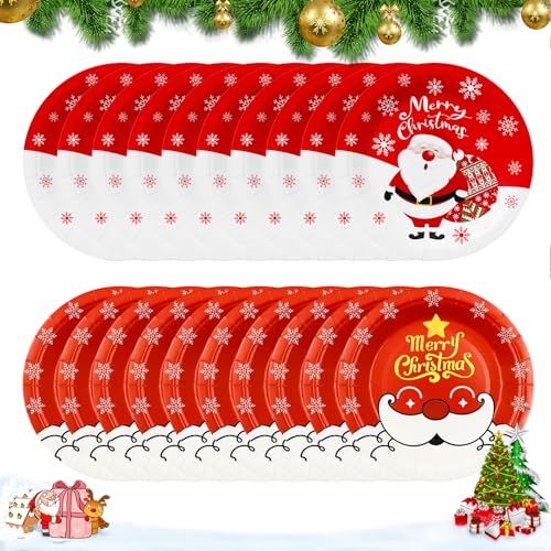 Embhlitfe 20 Stück Weihnachten Pappteller Set,Weihnachts Pappteller Weihnachten Partygeschirr Set Geburtstags Pappteller,Frohe Weihnachten Partyteller für Geburtstags Weihnachtsparty Zubehör (Rot) von Embhlitfe