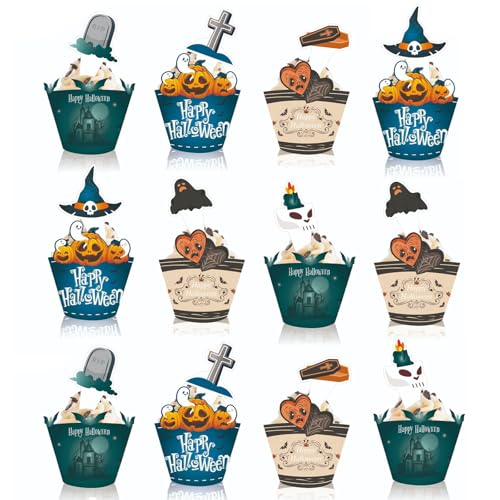 Embhlitfe 24 Stück Halloween Cupcake Topper,Halloween Cupcake Wrapper Halloween Muffin Kuchendekoration,Halloween Horror Cupcake Topper für Halloween Cupcake Dekorationen Partyzubehör von Embhlitfe