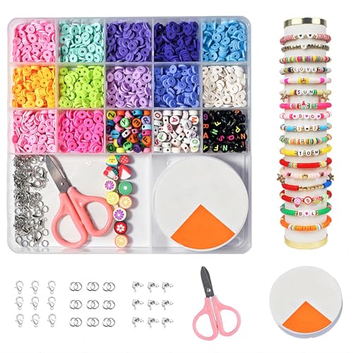 Embhlitfe Weiche Keramik Stück Brief Perlen DIY Perlen Armband Material Kit Buchstaben Perlen Zahl Perlen Freundschaft Armband Making Kit für Mädchen Schmuck machen DIY Handwerk Armband Halsketten von Embhlitfe