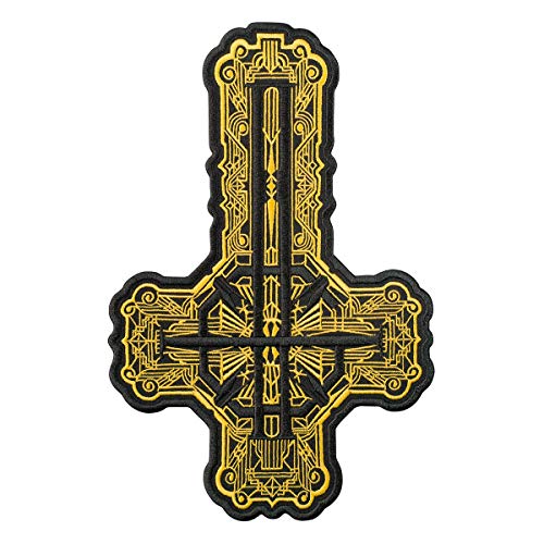 Ghost Band Grucifix Kreuz Patch mit goldenem Muster - Papa Emeritus Bestickte Bügelbilder - Heavy Metal Stickerei Emblem - Aufbügler und Aufnähen Patch für Biker - 16,5 x 25,4 cm von Embrosoft