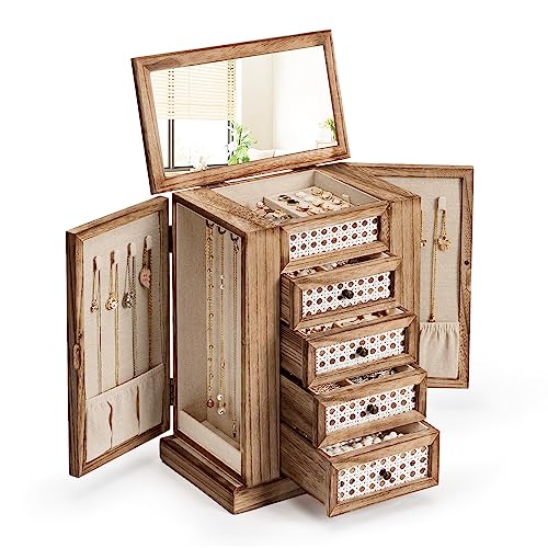 Emfogo Schmuckkästchen für Damen, 5-lagig, große Holz-Schmuckschatullen und Organizer für Halsketten, Ohrringe, Ringe, Armbänder, rustikale Schmuck-Organizer-Box mit Rattan, Schubladen und Spiegel von Emfogo