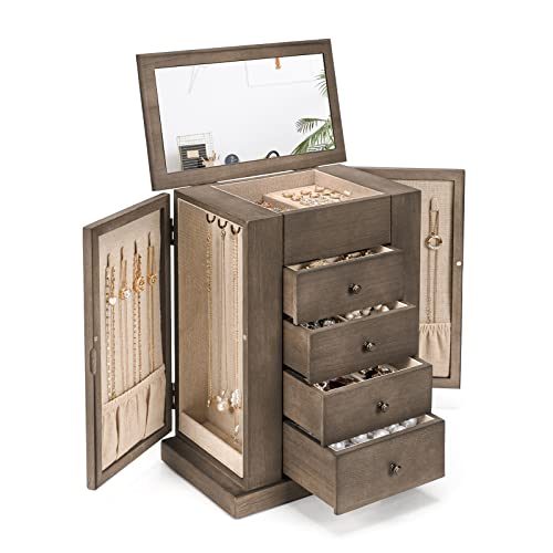 Emfogo Schmuckschatulle für Damen, 5-lagige, große Holz-Schmuckschatullen und Organizer für Halsketten, Armbänder, rustikale Schmuck-Organizer-Box mit Schubladen und Spiegel (verwittertes Grau) von Emfogo