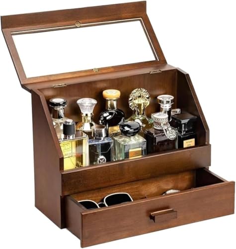 Emfogoo Cologne Stand, Staubdichter Köln Organizer für Männer mit Schublade, Holz Parfüm Ständer Organizer für Kommode, Große Kapazität Köln Halter Display, Tolles Geschenk für Männer von Emfogoo