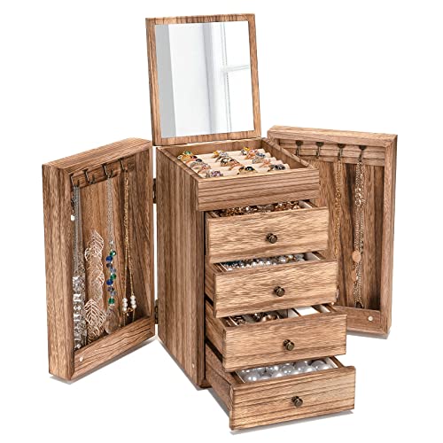 Emfogoo Schmuckkästchen, 5 Ebenen Schmuckaufbewahrung, Große Holz Schmuckkasten Organizers mit Spiegel & 4 Schubladen, Schmuckschatulle für Ringe Ohrringe Halsketten Armbänder(Rustikal Braun) von Emfogoo