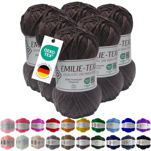 Emilie-Textil Premium Polyacryl-Garn 20 Farben OEKO-TEX zertifiziert für Babys/Allergiker, Garn zum häckeln und stricken (6, Braun) von Emilie-Textil