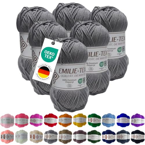 Emilie-Textil Premium Polyacryl-Garn 20 Farben OEKO-TEX zertifiziert für Babys/Allergiker, Garn zum häckeln und stricken (6, Grau) von Emilie-Textil