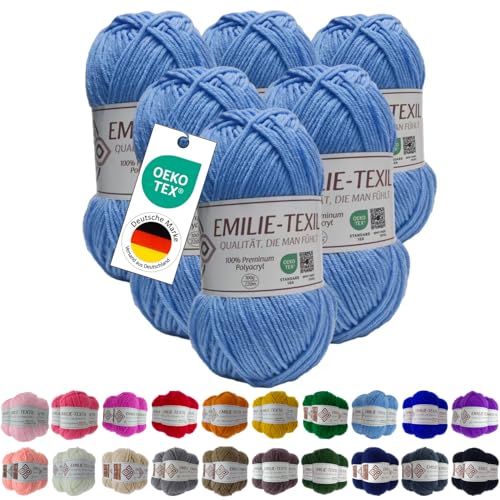 Emilie-Textil Premium Polyacryl-Garn 20 Farben OEKO-TEX zertifiziert für Babys/Allergiker, Garn zum häckeln und stricken (6, Hell Blau) von Emilie-Textil