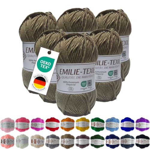 Emilie-Textil Premium Polyacryl-Garn 20 Farben OEKO-TEX zertifiziert für Babys/Allergiker, Garn zum häckeln und stricken (6, Hell Braun) von Emilie-Textil