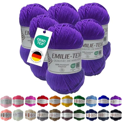 Emilie-Textil Premium Polyacryl-Garn 20 Farben OEKO-TEX zertifiziert für Babys/Allergiker, Garn zum häckeln und stricken (6, Lila) von Emilie-Textil