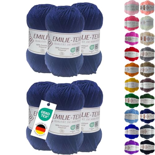 Emilie-Textil Premium Polyacryl-Garn 6X100g 20 Farben OEKO-TEX zertifiziert für Babys/Allergiker, Garn zum häckeln und stricken (6, Marine Blau) von Emilie-Textil