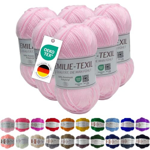 Emilie-Textil Premium Polyacryl-Garn 20 Farben OEKO-TEX zertifiziert für Babys/Allergiker, Garn zum häckeln und stricken (6, Rosa) von Emilie-Textil