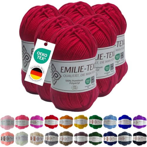 Emilie-Textil Premium Polyacryl-Garn 20 Farben OEKO-TEX zertifiziert für Babys/Allergiker, Garn zum häckeln und stricken (6, Rot) von Emilie-Textil