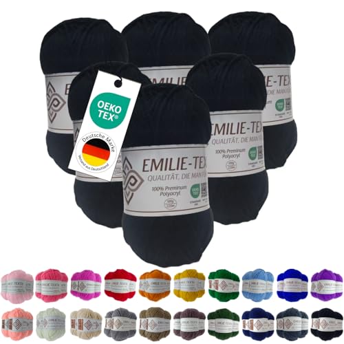 Emilie-Textil Premium Polyacryl-Garn 20 Farben OEKO-TEX zertifiziert für Babys/Allergiker, Garn zum häckeln und stricken (6, Schwarz) von Emilie-Textil