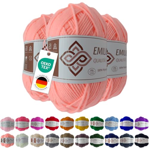 Emilie-Textil Premium Polyacryl-Garn – 3x100g – 20 Farben – Ökotex-zertifiziert, Garn zum häckeln und stricken (3, Apricot) von Emilie-Textil