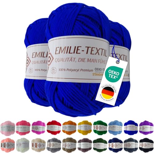 Emilie-Textil Premium Polyacryl-Garn 3X100g 20 Farben OEKO-TEX zertifiziert für Babys/Allergiker, Garn zum häckeln und stricken (3, Blau) von Emilie-Textil