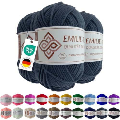 Emilie-Textil Premium Polyacryl-Garn – 3x100g – 20 Farben – Ökotex-zertifiziert, Garn zum häckeln und stricken (3, Weiß) (3, Blau Grau) von Emilie-Textil