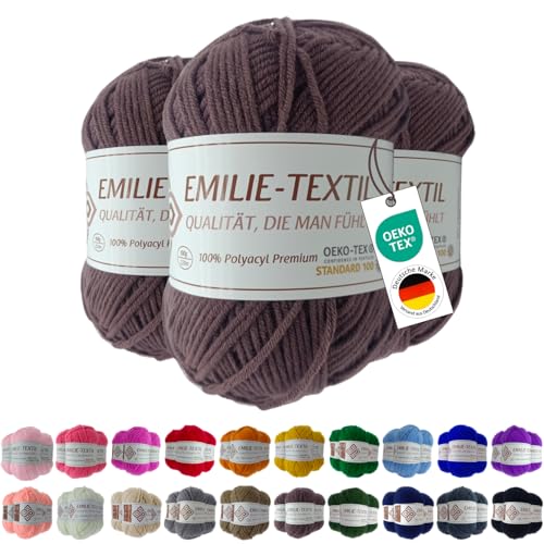 Emilie-Textil Premium Polyacryl-Garn – 3x100g – 20 Farben – Ökotex-zertifiziert, Garn zum häckeln und stricken (3, Weiß) (3, Braun) von Emilie-Textil