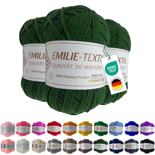 Emilie-Textil Premium Polyacryl-Garn 3X100g 20 Farben OEKO-TEX zertifiziert für Babys/Allergiker, Garn zum häckeln und stricken (3, Dunkel Grün) von Emilie-Textil