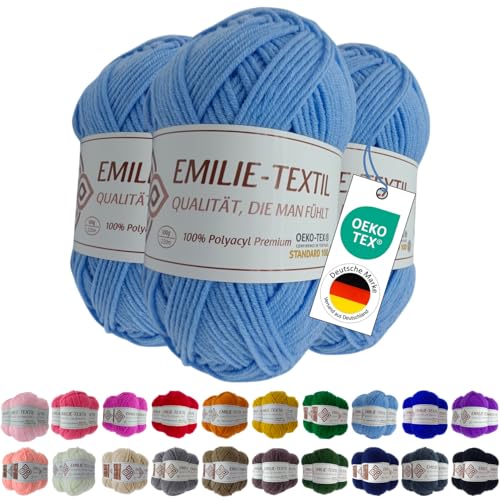 Emilie-Textil Premium Polyacryl-Garn 3X100g 20 Farben OEKO-TEX zertifiziert für Babys/Allergiker, Garn zum häckeln und stricken (3, Hell Blau) von Emilie-Textil