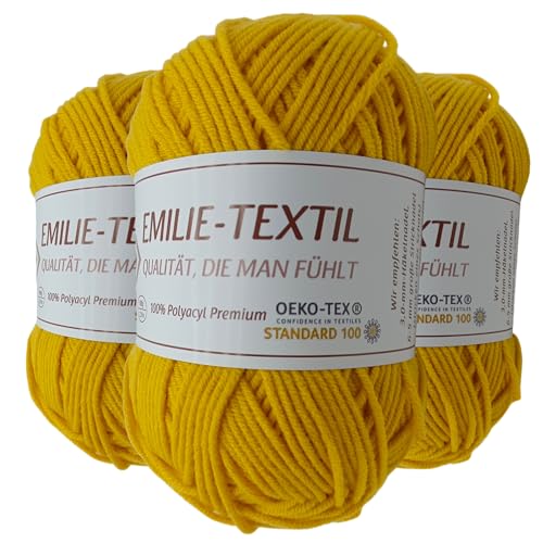 Emilie-Textil Premium Polyacryl-Garn – 3x100g – 20 Farben – Ökotex-zertifiziert, Garn zum häckeln und stricken (3, Mais Gelb) von Emilie-Textil