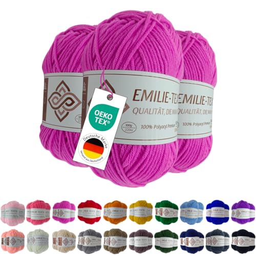 Emilie-Textil Premium Polyacryl-Garn – 3x100g – 20 Farben – Ökotex-zertifiziert, Garn zum häckeln und stricken (3, Pink) von Emilie-Textil