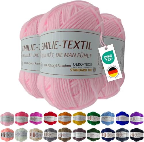 Emilie-Textil Premium Polyacryl-Garn 3X100g 20 Farben OEKO-TEX zertifiziert für Babys/Allergiker, Garn zum häckeln und stricken (3, Rosa) von Emilie-Textil