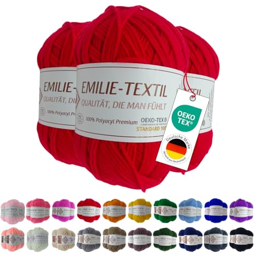 Emilie-Textil Premium Polyacryl-Garn – 3x100g – 20 Farben – Ökotex-zertifiziert, Garn zum häckeln und stricken (3, Weiß) (3, Rot) von Emilie-Textil