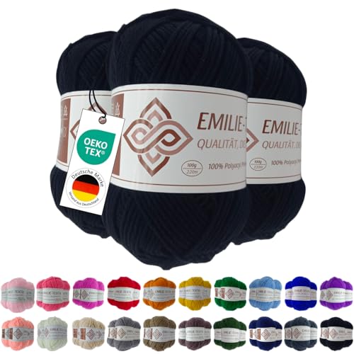 Emilie-Textil Premium Polyacryl-Garn 3X100g 20 Farben OEKO-TEX zertifiziert für Babys/Allergiker, Garn zum häckeln und stricken (3, Schwarz) von Emilie-Textil