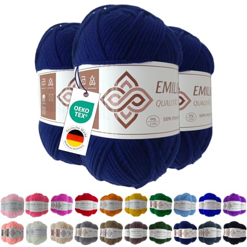 Emilie-Textil Premium Polyacryl-Garn 3X100g 20 Farben OEKO-TEX zertifiziert für Babys/Allergiker, Garn zum häckeln und stricken (3, Marine Blau) von Emilie-Textil