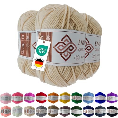 Emilie-Textil Premium Polyacryl-Garn – 3x100g – 20 Farben – Ökotex-zertifiziert, Garn zum häckeln und stricken (3, Weiß) (3, Wolle Natur) von Emilie-Textil