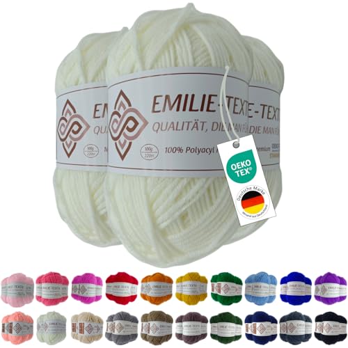 Emilie-Textil Premium Polyacryl-Garn – 3x100g – 20 Farben – Ökotex-zertifiziert, Garn zum häckeln und stricken (3, Weiß) von Emilie-Textil