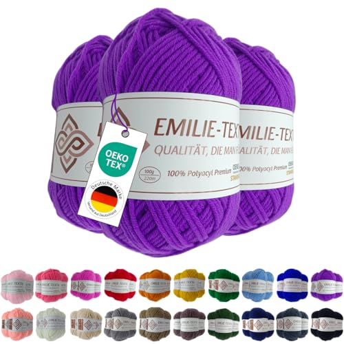 Emilie-Textil Premium Polyacryl-Garn 3X100g 20 Farben OEKO-TEX zertifiziert für Babys/Allergiker, Garn zum häckeln und stricken (3, Lila) von Emilie-Textil