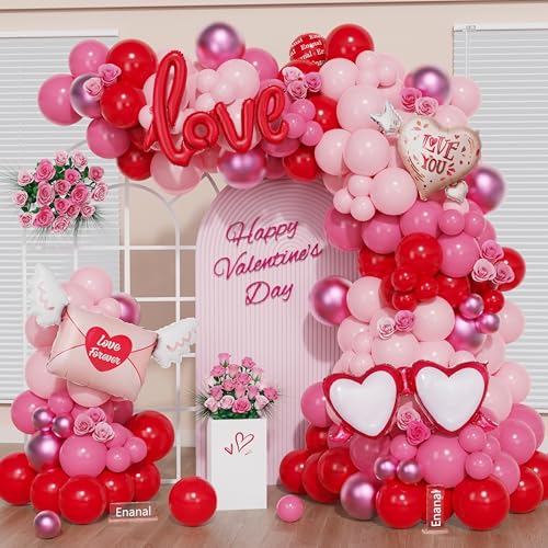 Valentinstag Ballon Girlande Bogen Kit, 151pcs Rot Rosa Rose Rot Luftballons mit Schrift Liebesbrief Herz Pfeil Folienballons für Valentinstag Dekoration Hochzeit Verlobung Party Supplies von Enanal