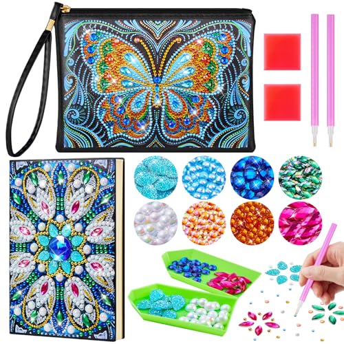 Enbagold Diamond Painting Kinder Kosmetiktasche & A5 Notizbuch, Bastelset Kinder ab 6 Jahre, Basteln Mädchen 8-12 Jahre, Geschenk Mädchen 6 7 8 9 10 11 12 Jahre -Blauer Schmetterling + Pfauenfeder von Enbagold