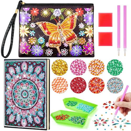 Enbagold Diamond Painting Kinder Kosmetiktasche & A5 Notizbuch, Bastelset Kinder ab 6 Jahre, Basteln Mädchen 8-12 Jahre, Geschenk Mädchen 6 7 8 9 10 11 12 Jahre -Blumenschmetterling + Sonnenblume von Enbagold